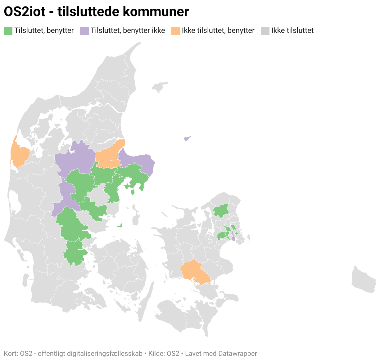 Danmarkskort med markering af tilsluttede kommuner